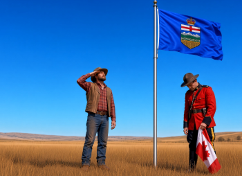 Cowboy Alberta Flag Mountie Canadian Flag.png